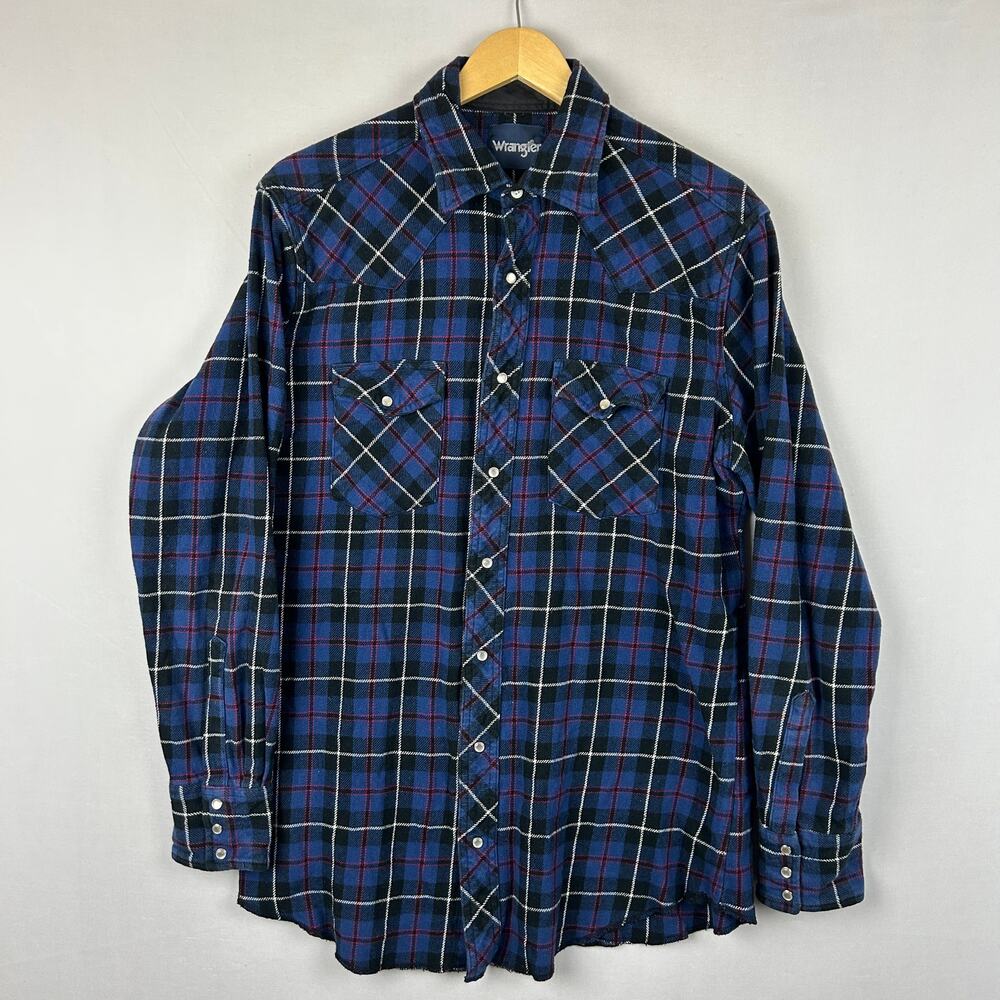 Wrangler Fleece Pearl Snap Shirt Long Sleeve Blue Plaid Vintage Men's LT L Tall